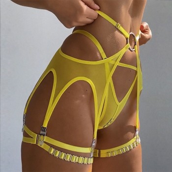 Hollow Out Female Lingerie Naked Women Erotic 5-Piece See Through Lace Garter Outfit Blue Yellow